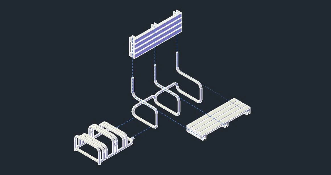 Exploded view of the bench components
